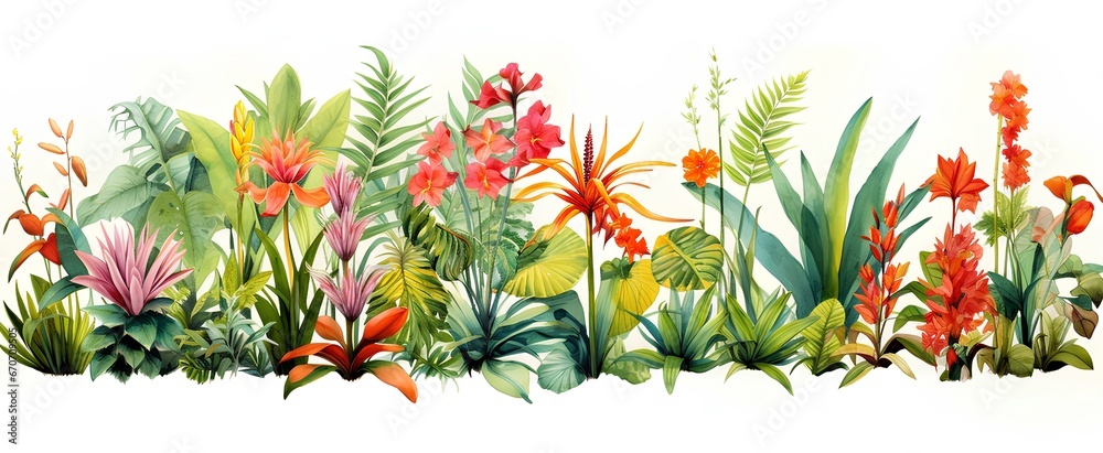 Watercolor illustration of tropical Hawaiian plants and flowers on white background. generative AI