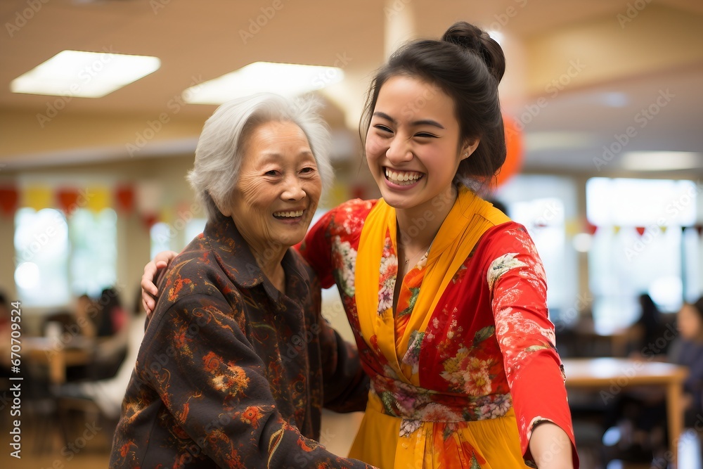 A portrayal of enduring family ties as an aged Asian grandmother and her granddaughter share a moment, Generative Ai