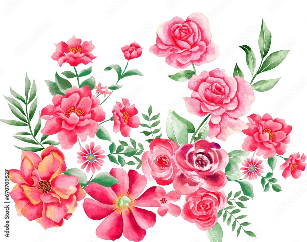 Watercolor bouquet of flower, tropical elements, romantic pink roses, green leaves