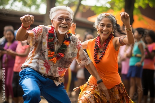 A spirited photograph featuring mature seniors engaging in traditional dance steps., Generative Ai