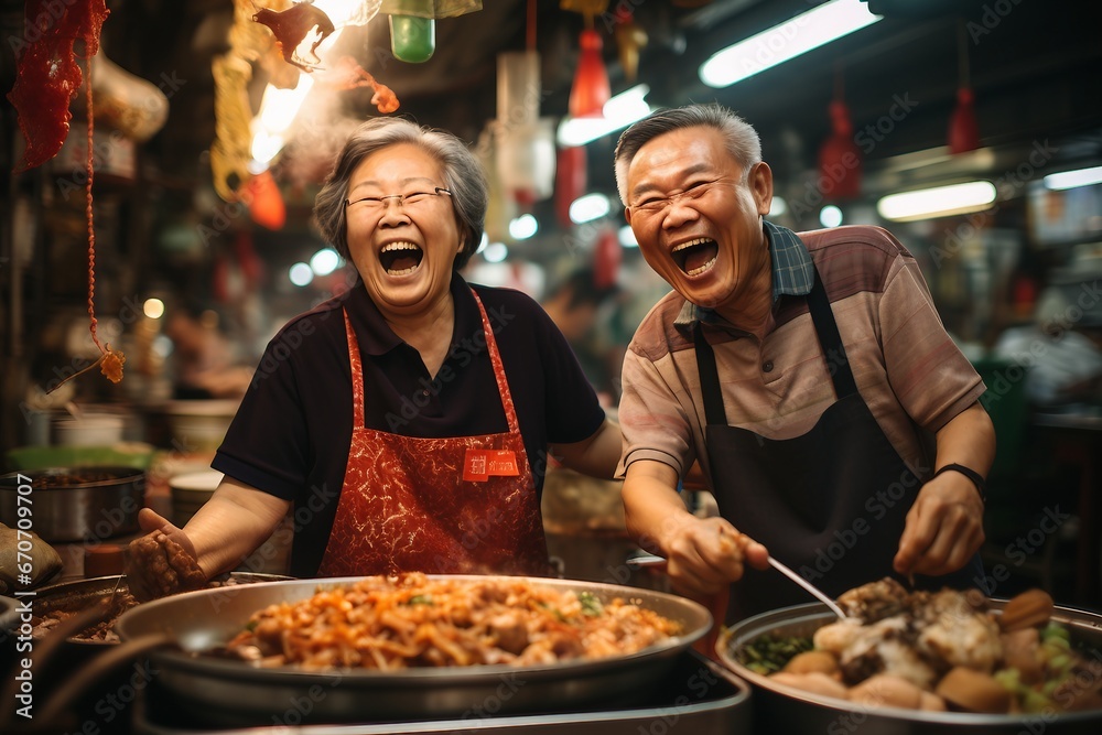 A heartwarming portrayal of a joyful elderly Asian couple, working together at their food stall, Generative Ai
