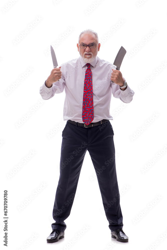 Old businessman holding knife isolated on white Old businessman holding knife isolated on white
