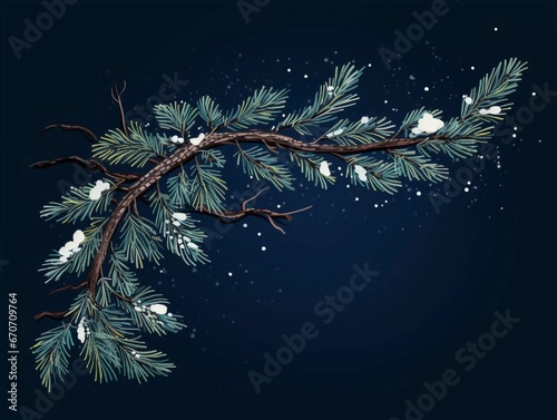 A branch of a snowy Christmas tree on a night blue background, AI generator