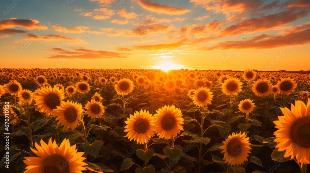Obraz premium sunflower field at sunset ai generated