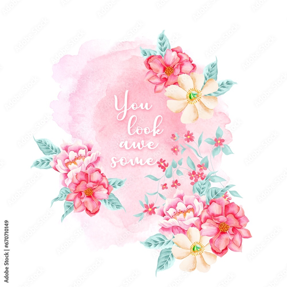 Watercolor Bouquet of flowers, , white background, pink roses and blue leaves, print for t-shirt, phrases