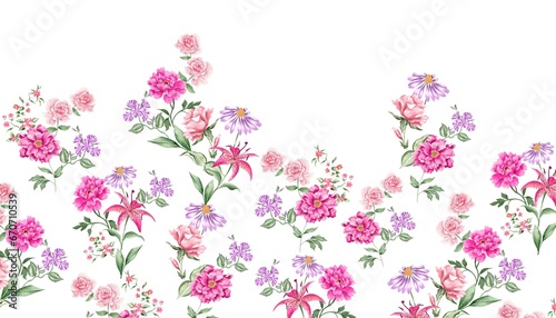 Watercolor flowers lines  pink nad purple tropical elements  green leaves  white background