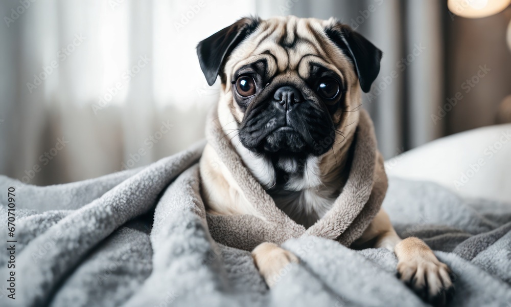 Cute wet pug dog sitting after shower in grey towel on bed, pets grooming and washing