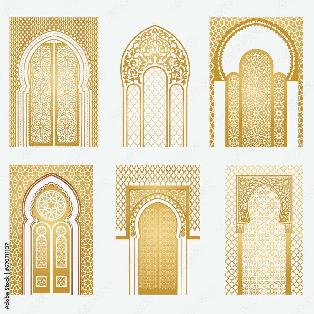 Arabic golden vector arches bundle. Arabian ornament. Doors & windows templates for design - obrazy, fototapety, plakaty 