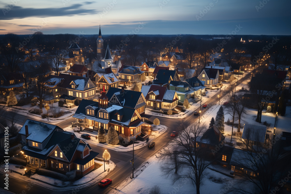 american town street with decorated houses for christmas ,ariel view