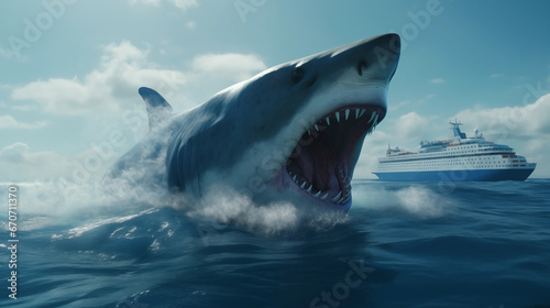 Megalodon shark upstream to breath in the sea near 
cruise ship photo