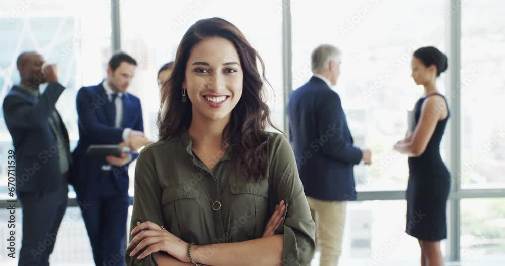 Business woman, arms crossed and team for smile on face for leadership, management or pride at corporate law firm. Attorney, lawyer or advocate by group, people or happy for portrait in modern office Business woman, arms crossed and team for smile on face for leadership, management or pride at corporate law firm. Attorney, lawyer or advocate by group, people or happy for portrait in modern office