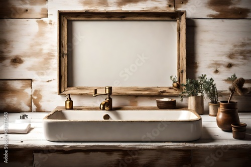A Canvas Frame for a mockup set against distressed wooden walls, harmonizing with the classic ceramic sink and brass taps of an old styled bathroom