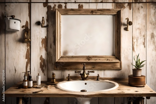 A Canvas Frame for a mockup set against distressed wooden walls, harmonizing with the classic ceramic sink and brass taps of an old styled bathroom