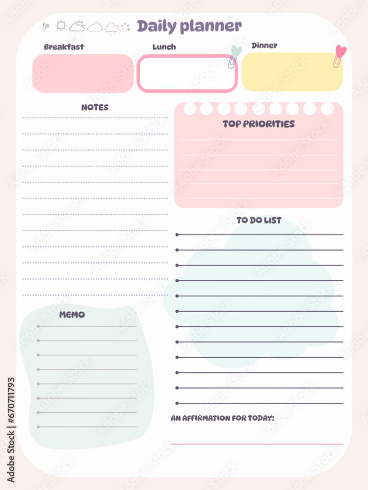 Daily reminder planner inspiration notepaper design printable . Pink, yellow, blue green soft color kawaii pages for tags , weekly notes, diet menu breakfast lunch dinner 