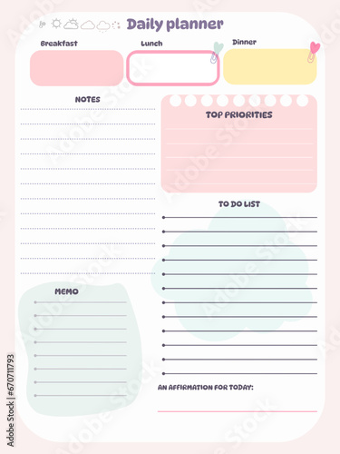 Daily reminder planner inspiration notepaper design printable . Pink, yellow, blue green soft color kawaii pages for tags , weekly notes, diet menu breakfast lunch dinner 
