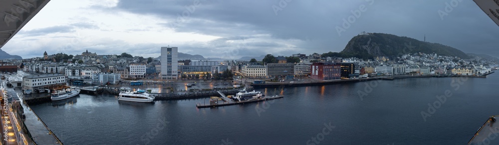 Panoramic view of Alesund from a boat anchored in the harbour. Norway