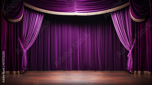 Theatre stage with wooden ground and purple curtains haning as waves and to the ground photo