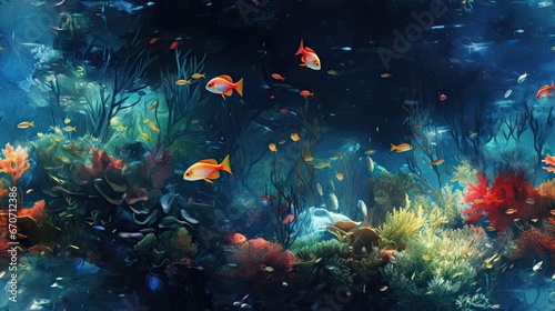  a painting of an underwater scene with corals, fish, and other marine life on a dark blue background. generative ai