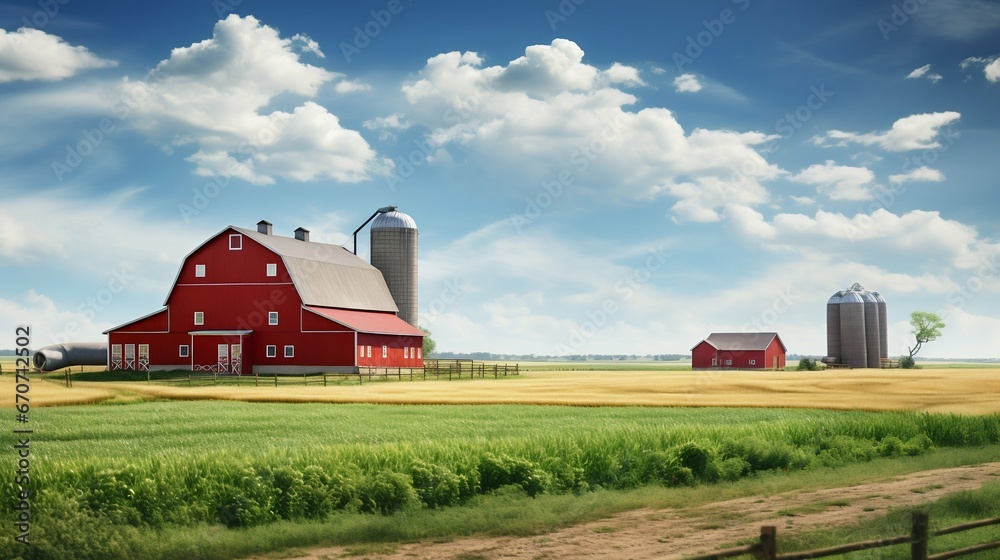 Minnesota Farmland: Lush Green Fields Under a Cloudy Blue Sky. Generative ai Minnesota Farmland: Lush Green Fields Under a Cloudy Blue Sky. Generative ai