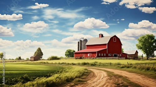 Minnesota Farmland: Lush Green Fields Under a Cloudy Blue Sky. Generative ai