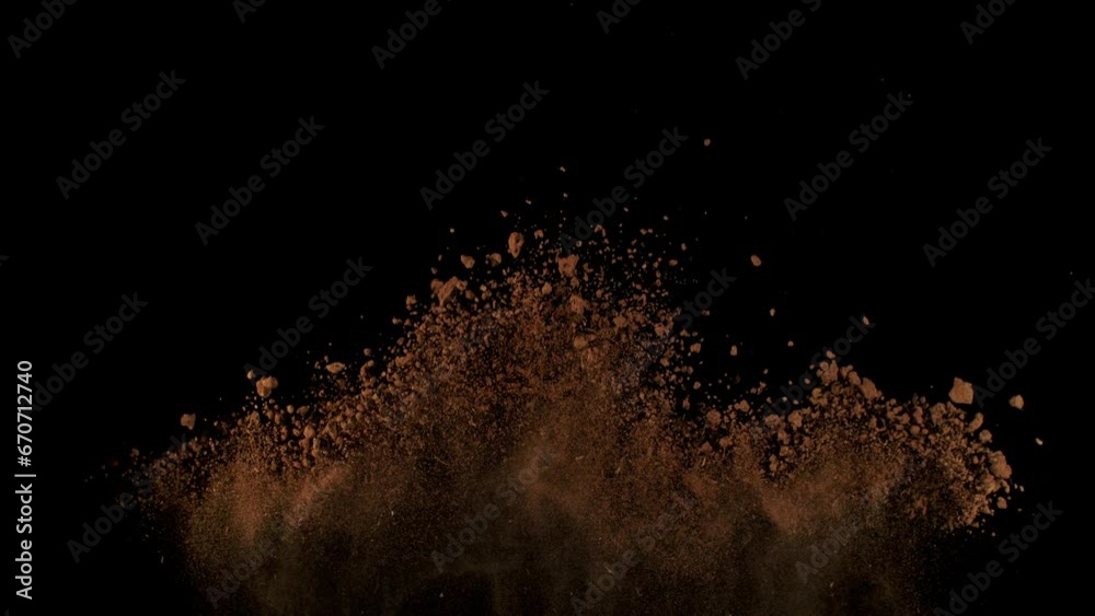 Super Slow Motion Shot of Soil Explosion Isolated on Black Background at 1000fps.