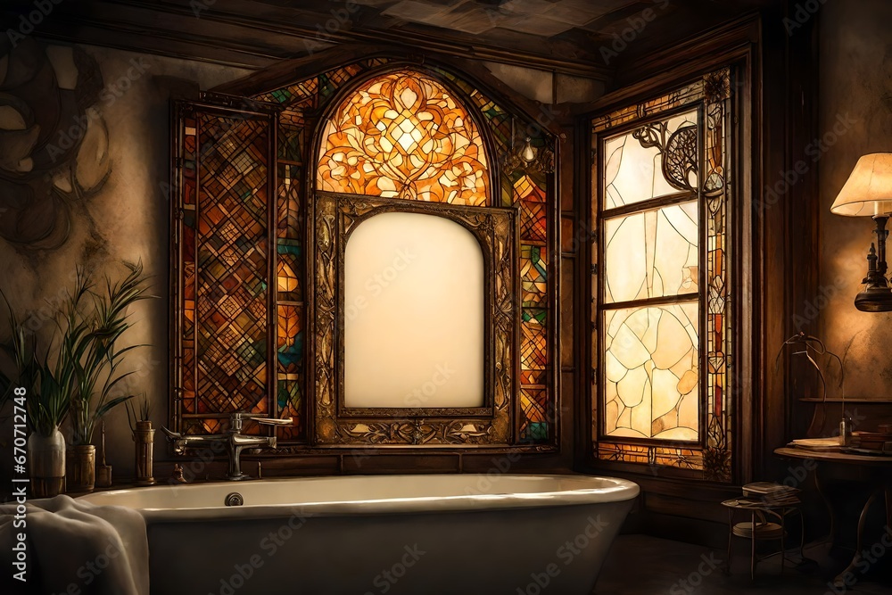 An intimate scene of a Canvas Frame for a mockup in an old styled bathroom, where the soft glow from a stained glass window casts intricate patterns on antique fittings.