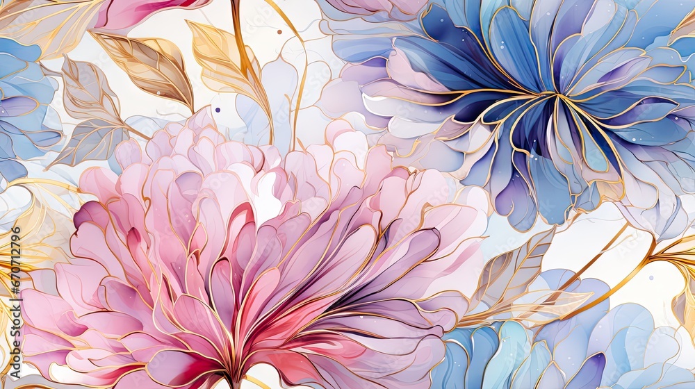  a close up of a bunch of flowers on a white background with blue, pink, and yellow flowers on it.  generative ai