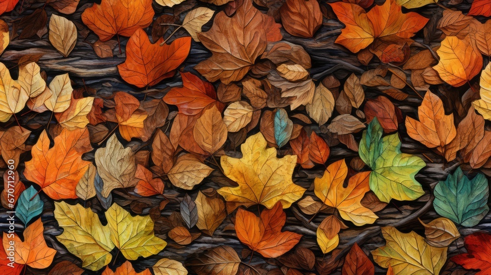 a close up of a bunch of leaves on a ground with a barbed wire fence in the foreground and a bunch of orange, yellow, green, red, orange, and yellow leaves in the background. generative ai a close up of a bunch of leaves on a ground with a barbed wire fence in the foreground and a bunch of orange, yellow, green, red, orange, and yellow leaves in the background. generative ai