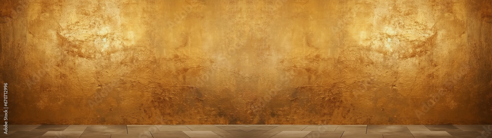 Golden wall with rough surface and floor in the front, with little lighting effect, luxury background banner 