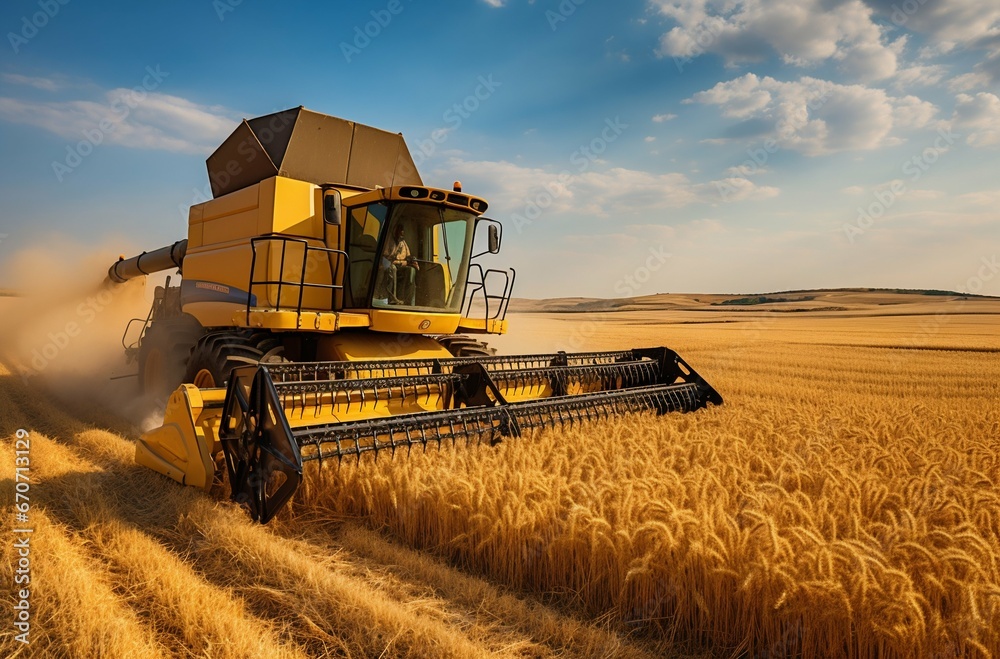 Fototapeta premium Golden Harvest: Combine at Work in Wheat Field. Generative ai