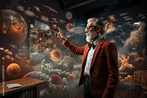 An image of a bearded educator in formal attire, using a holographic screen for teaching, Generative Ai