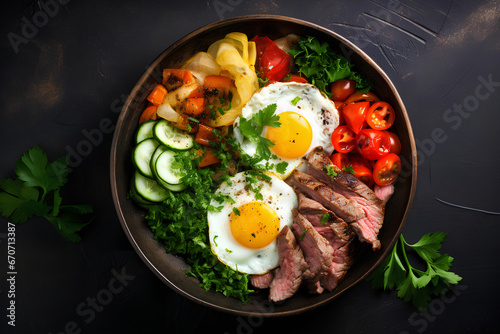 Top-Down View of Meat, Fried Egg, and Veggies
