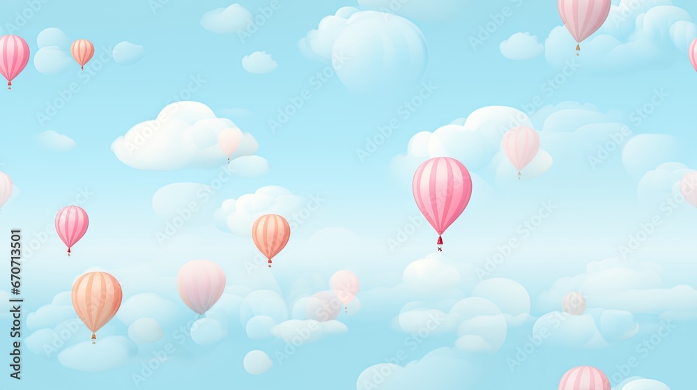  a group of hot air balloons flying through a blue sky with fluffy white clouds on a sunny, cloudy day.  generative ai