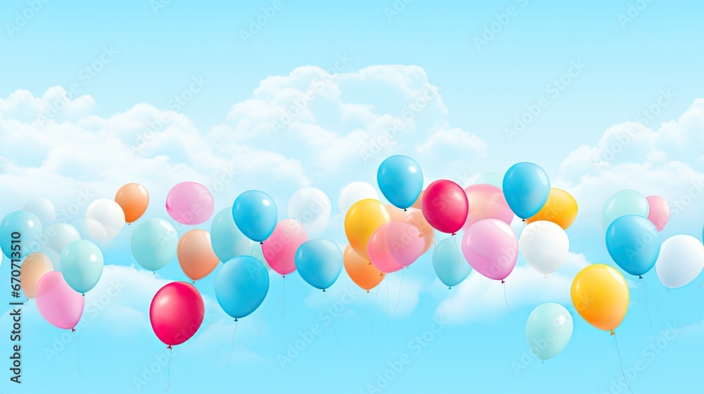  a bunch of balloons floating in the air in front of a blue sky with clouds and blue sky in the background.  generative ai