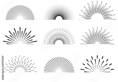 Radial sun burst. Black-white round sunburst icons. Sun rise light round decoration elements. Radial sunset beams. Vector illustration.  Bursting sun rays. Fireworks.