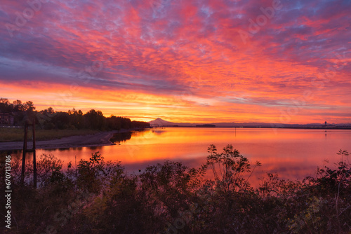 Vibrant colorful sunrise over Columbia River and Mt Hood mountain, Vancouver Washington and Portland Oregon