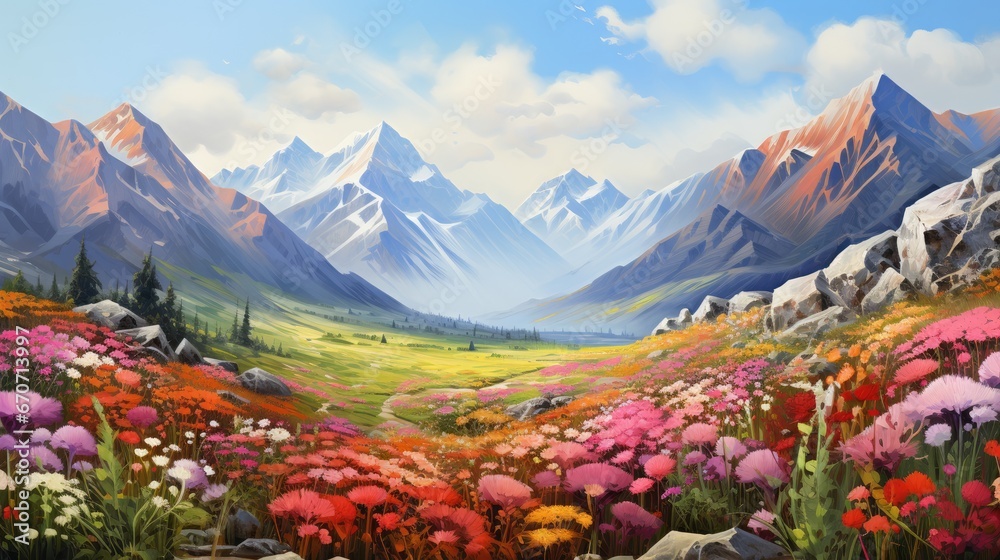  a painting of a mountain landscape with flowers in the foreground and a road in the middle of the picture.  generative ai