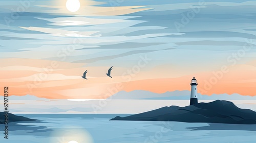  a painting of a lighthouse in the middle of the ocean with birds flying over the water and a sunset in the background.  generative ai