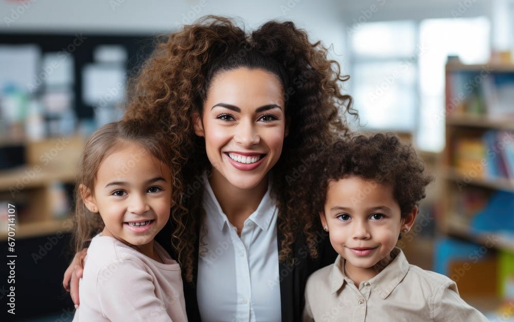 Happy female teacher with children Happy female teacher with children