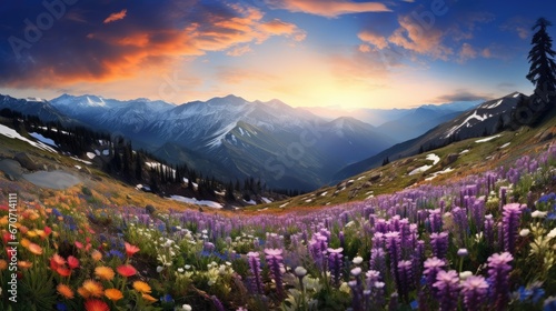  a painting of a mountain scene with wildflowers in the foreground and a beautiful sunset in the background. generative ai