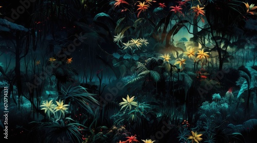  a painting of a forest filled with lots of plants and flowers on a dark night with a full moon in the sky.  generative ai