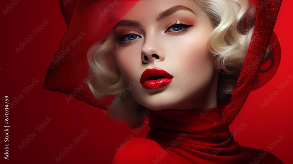 blond woman with red lips ai generated - obrazy, fototapety, plakaty 