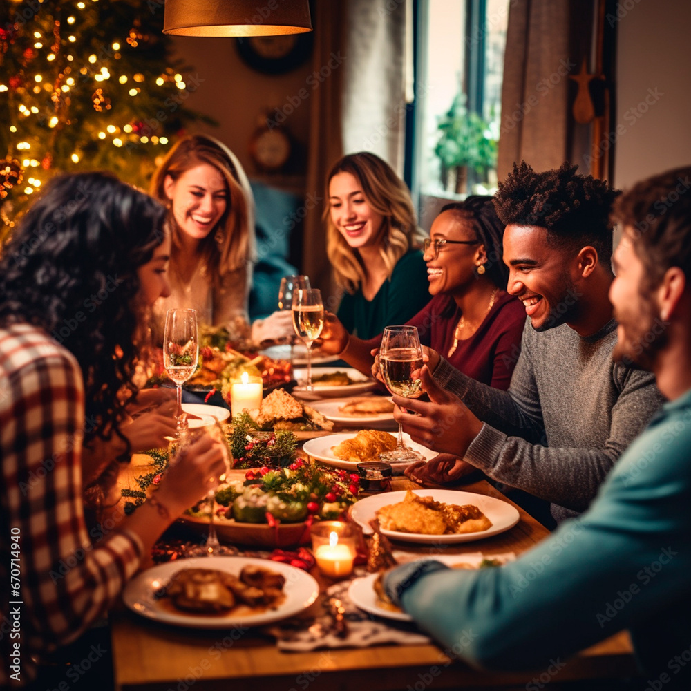 Christmas celebration, with food and hors d'oeuvres. Friends of different ethnicities happy at family dinner at home for New Year's Eve.