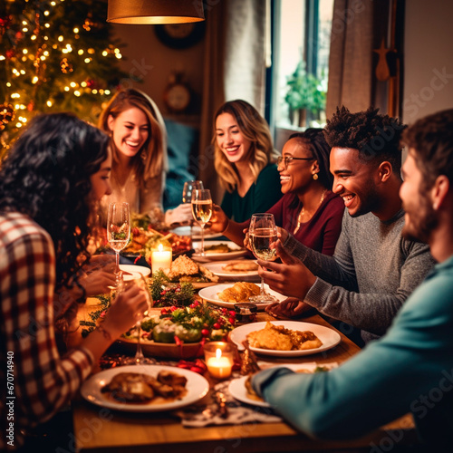 Christmas celebration  with food and hors d oeuvres. Friends of different ethnicities happy at family dinner at home for New Year s Eve.