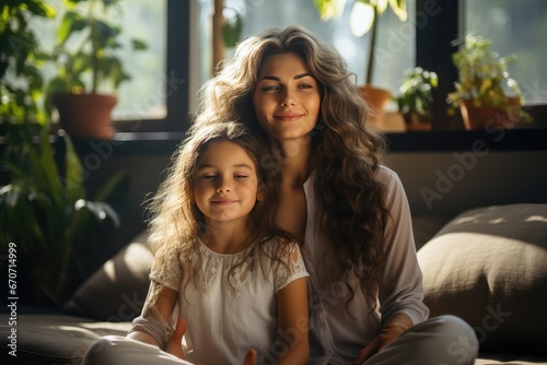 Happy mom hugging little daughter with love, care, tenderness, relaxing with kid in couch, talking to child, laughing. Mother and little girl enjoying leisure at home. Motherhood concept photo