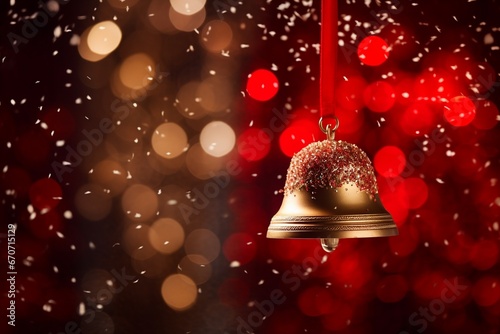 Shiny jingle bell with red bow tie on blurred sparkling Christmas Tree background, Close up Christmas Decoration on celebration home background.