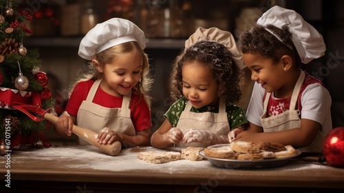 Group of kids are preparing the bakery in the kitchen .Children learning to cooking cookies in winter holidays season. photo