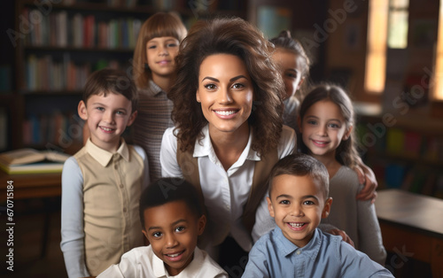 Happy female teacher with children