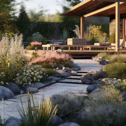 Photo shot in Close-up shot, modern garden, 3d render. AI generated.