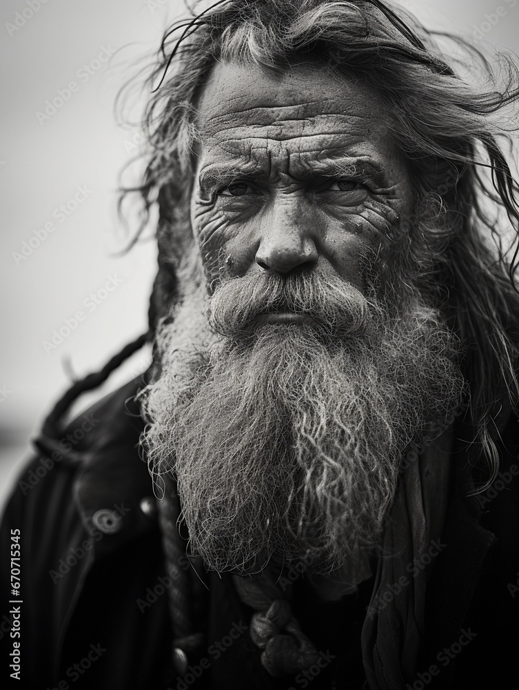 black and white shot of an old sailor with a weather-beaten face, focused on steering his vintage sailing boat, deep wrinkles and textures emphasized